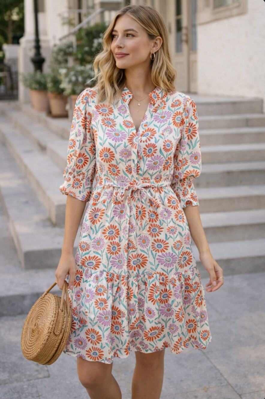 Victoria Dunn XS Indian Cotton Block Print Puff Sleeve Lined Sundress